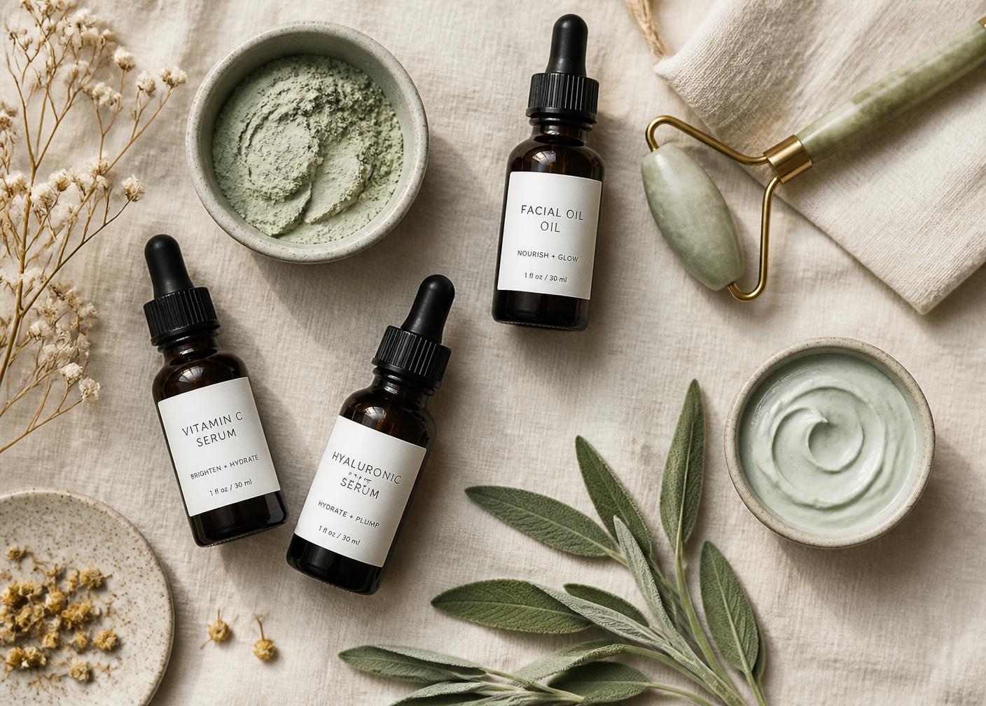 Botanical serums, clay masks and a jade roller laid out on linen